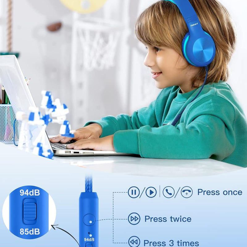 Nabevi Kids Headphones with Cord, Over-Ear Headphones for Kids with Microphone, 85/94dB Volume Limit, Headset for Kid Boys Girls with Shareport, Wired Toddler Headphone for School/Tablet/iPad/Travel