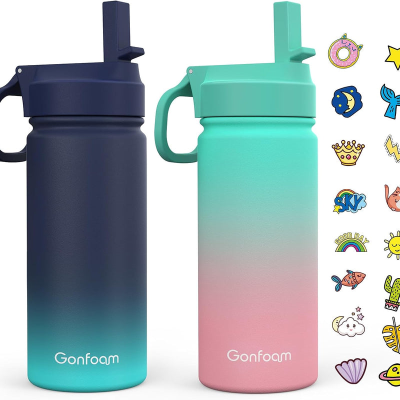 Gonfoam 16oz Kids Stainless Steel Insulated Water Bottle, 2 Pack | DIY Stickers, BPA-free, Leak-proof, Sturdy, Keeps Cold 24h, Easy to Carry, Easy to Clean, Back to School, Gifts