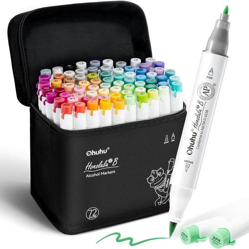 Ohuhu Alcohol Markers Brush Tip - AP Certificated Double Tipped Art Marker Set for Artist Adults Coloring Illustration- 72 Colors - Refillable - Fine and Brush Dual Tips - Honolulu 2B of Ohuhu Markers
