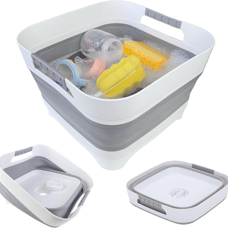 2.6 Gal Collapsible Baby Bottle Wash Basin with Drain Plug | Large 2.6 Gal Capacity, Comfort-Grip Handles, Folds Flat, BPA-Free PP and TPR, For Kitchen, RV, Camping, and Small Spaces
