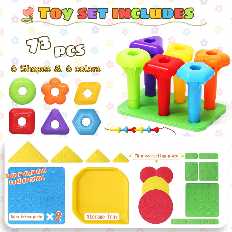Peg Board Toy Set 73pcs DIY Building Stacking Toys for Kids 3-6 Years Old STEM Educational
