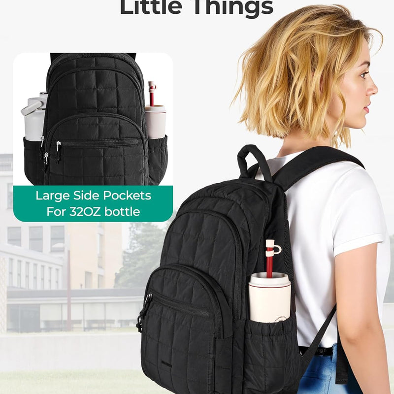 BAGSMART College Laptop Backpack, Travel Backpack for Women, Quilted Casual Daypack, Water-Resistant Bookbag for 15.6 Inch Laptop, Black