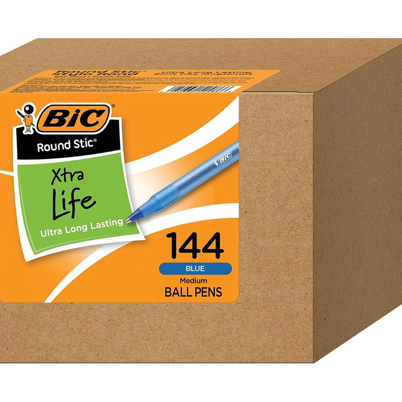 BIC Round Stic Xtra Life Blue Ballpoint Pens, Medium Point (1.0mm), 144-Count Pack of Bulk Pens, Flexible Round Barrel for Writing Comfort, No. 1 Selling Ballpoint Pens