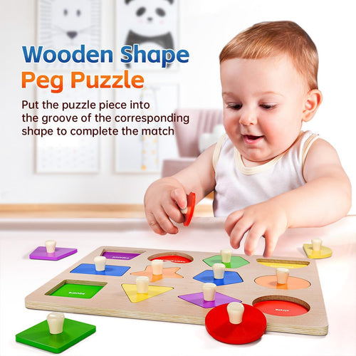 Montessori wooden shape peg puzzles for toddlers 1-3 years old, shape sorter & color match baby puzzles