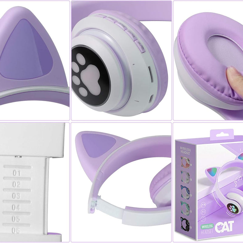 TCJJ Cat Ear Kids Bluetooth Headphones, LED, 85dB Volume Limit | Bluetooth 6.0 wireless headset with mic, stereo sound, foldable, 3.5mm wired mode for girls, school, tablet, travel