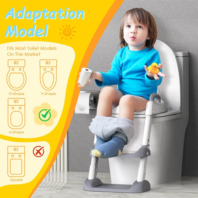 HBTower Potty Training Seat with Step Stool Ladder & Safety Handles,Grey | Foldable Toddler Toilet Seat with Splash Guard for Boys and Girls, Comfortable Kids Potty Cushion & Anti-Slip Pads