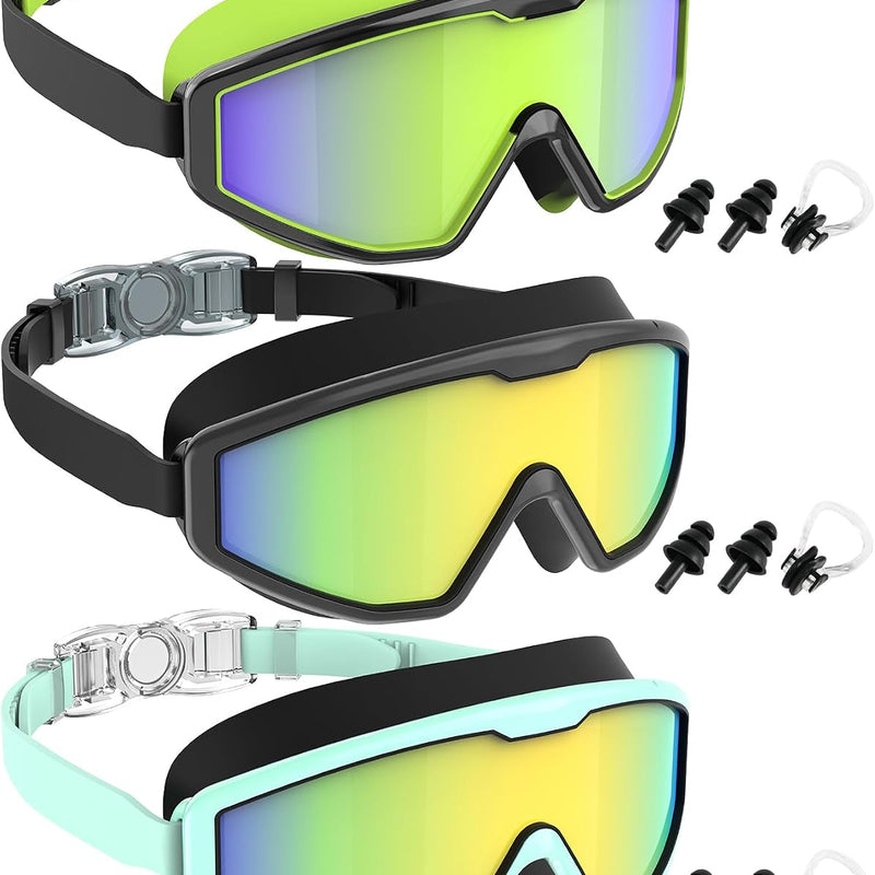 NSSIW Swim Goggles Swimming Kids-Goggles: Anti Fog No Leak with Nose Clip Earplugs for Girls Boys Youth 6-14 3 Pack