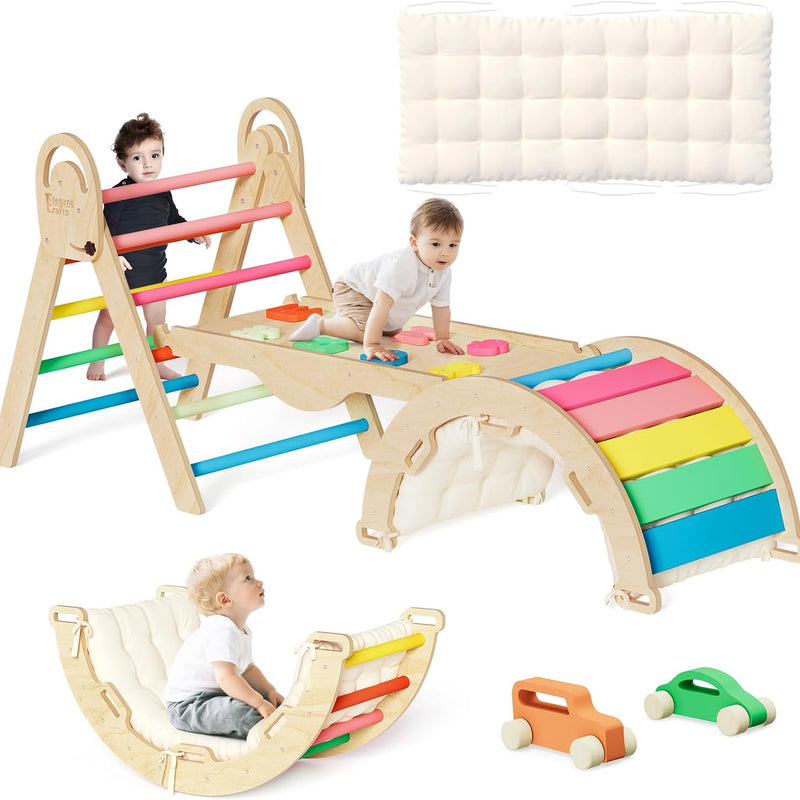 ElegantCrafts Pikler Triangle Set with Cushion, Montessori Climbing Set, Indoor Climb Toys, Indoor Playground Jungle Gyms, 9 Combinations Climbing Toy Set for Toddler, Baby, Kids 1-4