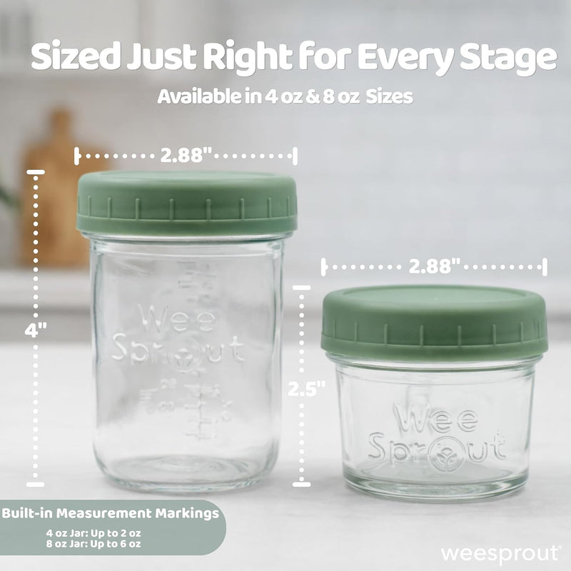 WeeSprout Glass Baby Food Storage Jars w/Lids (4 oz, 12 Pack Set) Snack, Puree, Reusable Small Containers, Breast Milk, Fridge or Freezer, Microwave & Dishwasher Safe, Essential Must Have for Infants