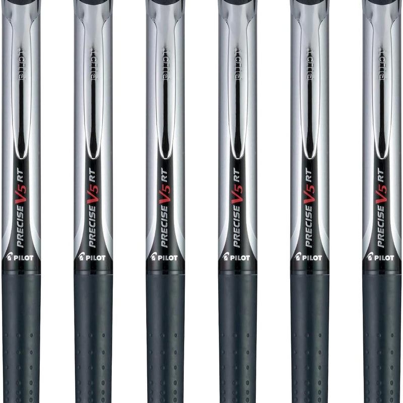 Pilot Precise V5 RT Refillable & Retractable Rollerball Pens, Extra Fine Point Pens 0.5 mm, Black, Pack of 6 - Ideal for School, Journaling & Office Writing