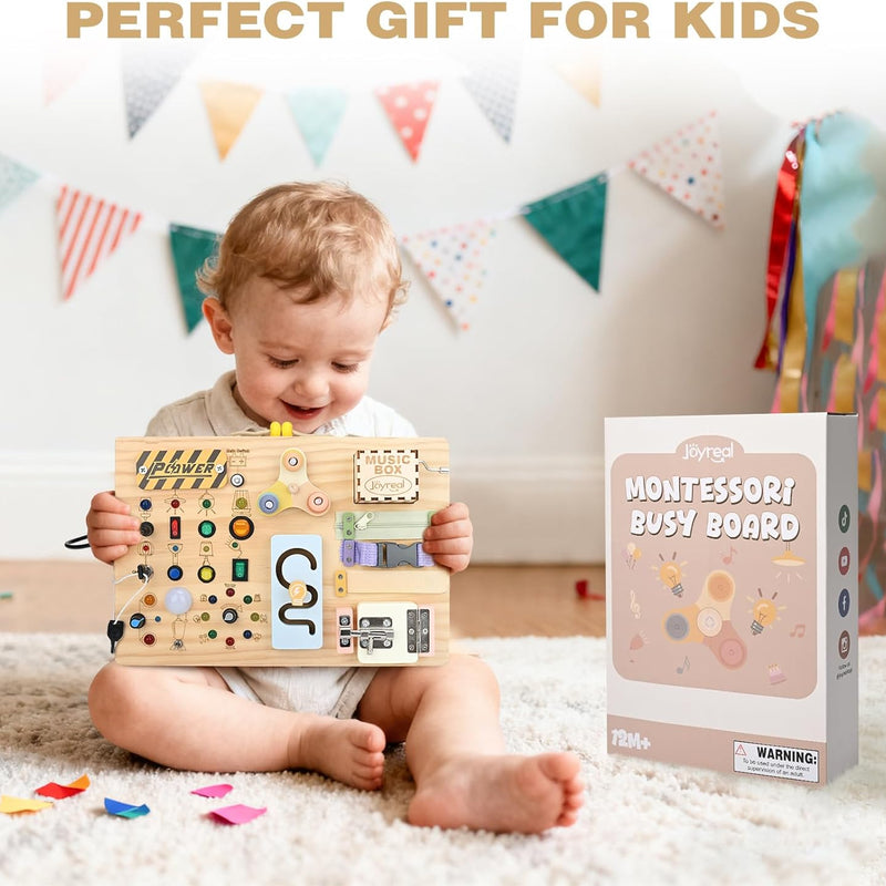 joyreal wooden montessori toys for toddlers sensory activity board with led lights music box locks
