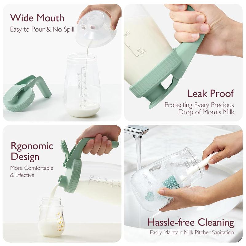 Momcozy Breast Milk Pitcher, Glass Storage Container Wide Mouth, 32oz Green | Heat-resistant Glass, No Leak Sealing, Breastmilk Fridge Storage, Baby Formula Pitcher, Easy Clean, Multipurpose Use