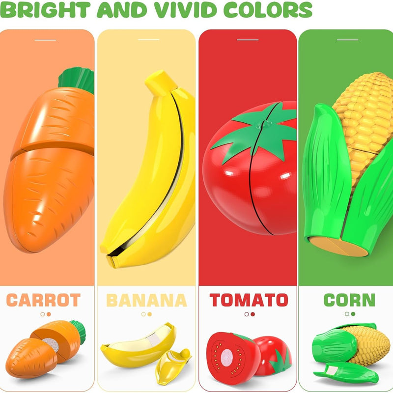 Cutting Play Food Toys for Kids with 28-Piece Fruits and Vegetables Set and Shopping Storage Basket