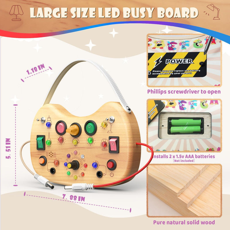 Montessori Busy Board with LED Lights & 12 Buttons, Portable Travel Toy for Toddlers 1-3 Years