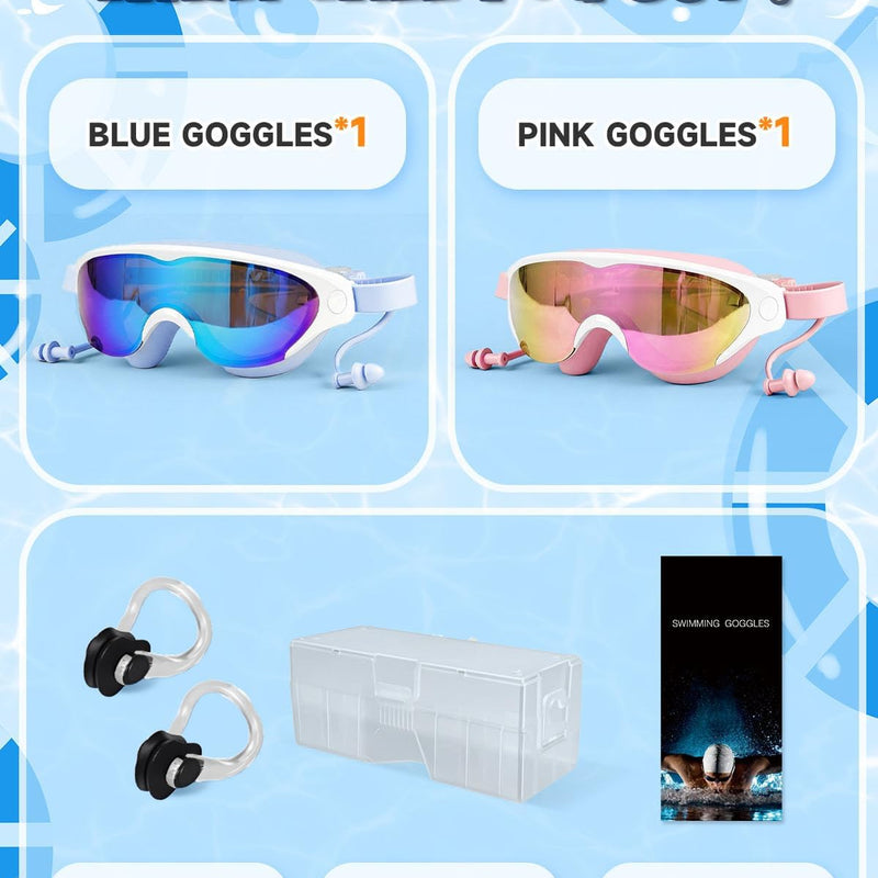 Zoomsnail Kids Swim Goggles 2Pack, Leakproof Anti-fog UV Lens Swimming Goggles for Kids Boys & Girls 3-15