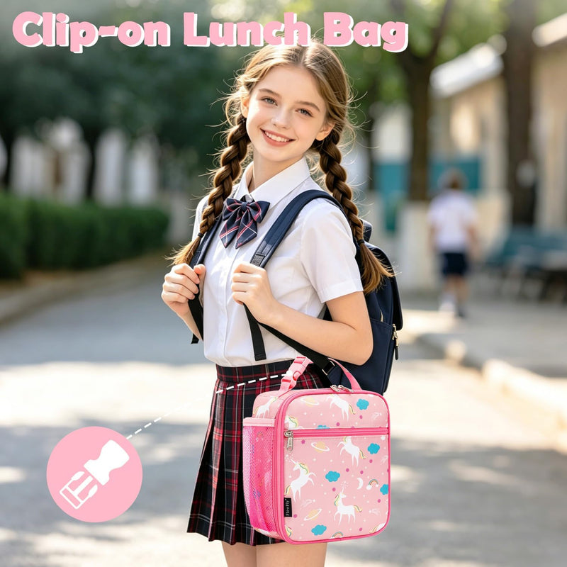 FlowFly Kids Lunch box Insulated Soft Bag Mini Cooler Back to School Thermal Meal Tote Kit for Girls, Boys, Unicorn