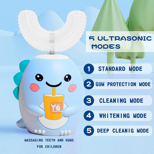 DYCROL Kids U-Shaped Electric Toothbrush with 4 Brush Heads, 5 Cleaning Modes, Cartoon Dinosaur Design, IPX7 Waterproof