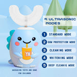 DYCROL Kids U-Shaped Electric Toothbrush with 4 Brush Heads, 5 Cleaning Modes, Cartoon Dinosaur Design, IPX7 Waterproof