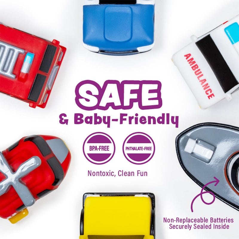 Tub Works Emergency Cars Light Up Bath Toys, 6 Pack, Water-Activated Lights, Soft and Squeezable