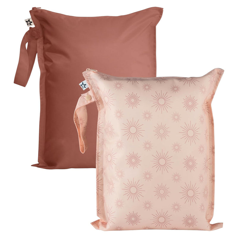 Tiny Twinkle Mess Proof Wet Bags | 2-Pack Reusable Waterproof Wet Bags for Swimsuits | Baby Clothes | Travel & Diaper Bag (Pink, Brown Checkers)
