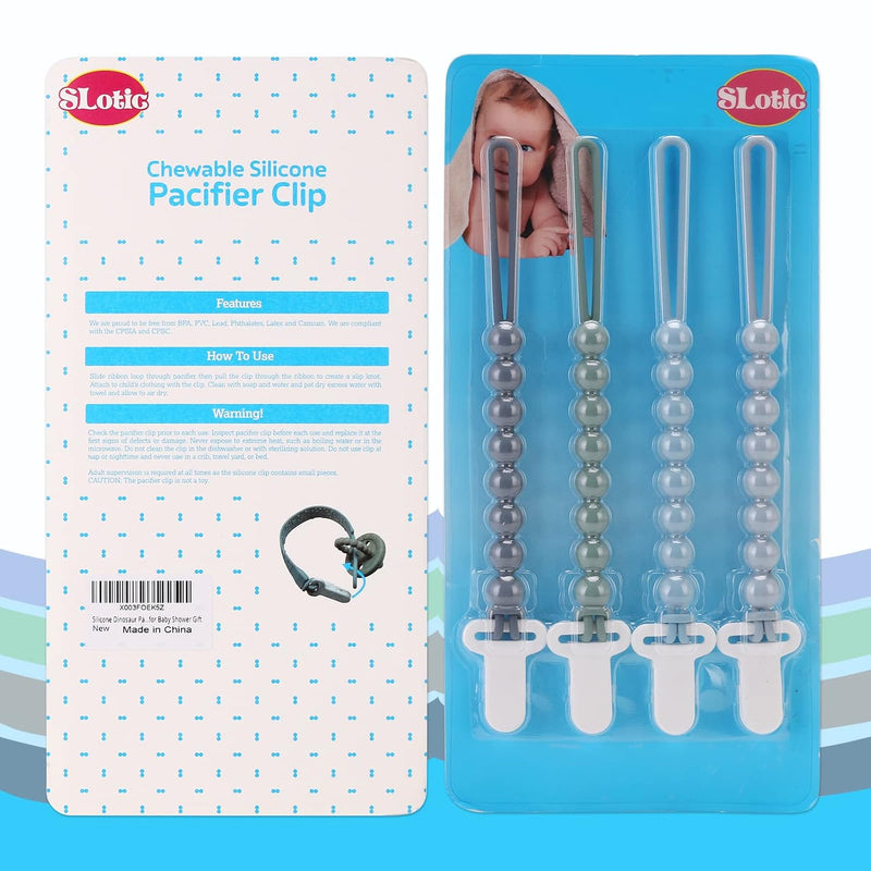 4-Pack Silicone Pacifier Clips with One-Piece Beads for Baby Boys and Girls - Flexible and Rust-Free Holders for Teething Relief and Baby Essentials, Safe for Newborns (Grey)