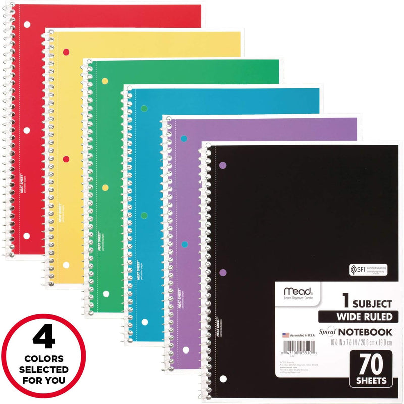 Mead Spiral Notebook, 4 Pack, 1 Subject, Wide Ruled Paper, 7-1/2" x 10-1/2", 70 Sheets per Notebook, Colors Will Vary (930200-ECM25)