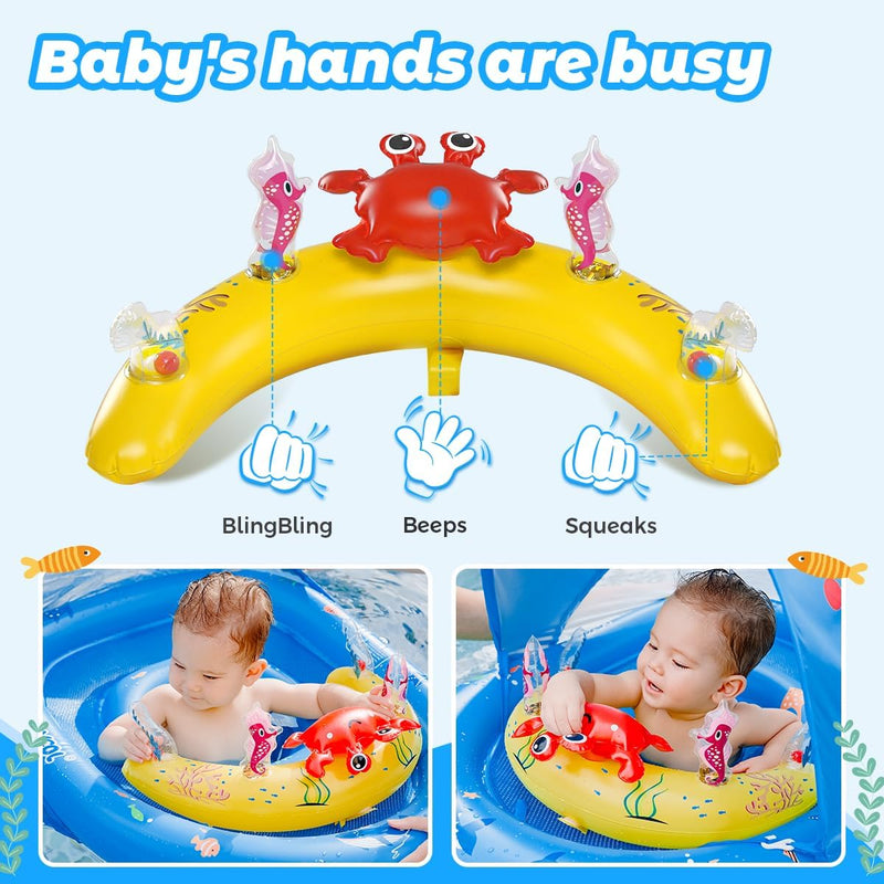 LAYCOL Baby Pool Float with Canopy UPF50+, 120°Adjustable Sun Protection and Anti-Tip Safety Seat, Inflatable Toddler Floaties Infant Pool Float with Animal Pool Toys, Baby Beach Essentials for 6-36M