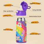Girls Insulated Water Bottle with Covered Pop-Up Straw,16 oz Kids Cups with Stainless Steel Leak Proof for School Pink（Unicorn）
