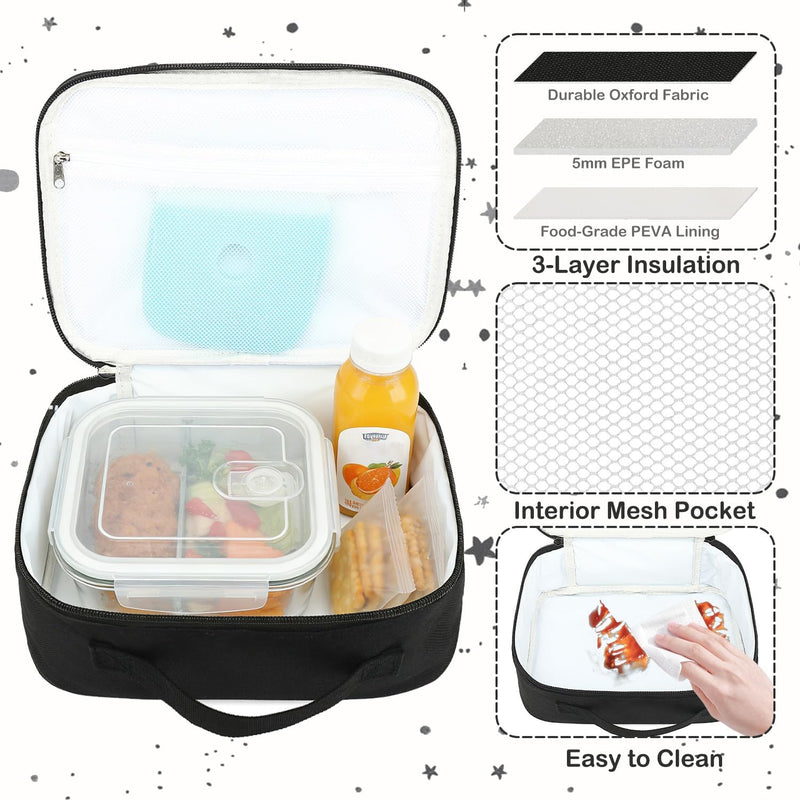FlowFly Kids Lunch box Insulated Soft Bag Mini Cooler Back to School Thermal Meal Tote Kit for Girls, Boys, Black