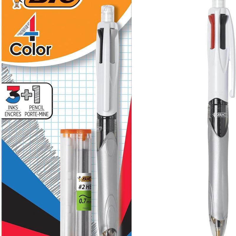BIC 4-Color 3+1 Retractable Ballpoint Pen with Red, Blue, Black Ink and 0.7 mm Mechanical Pencil, 1-Count in Assorted Ink