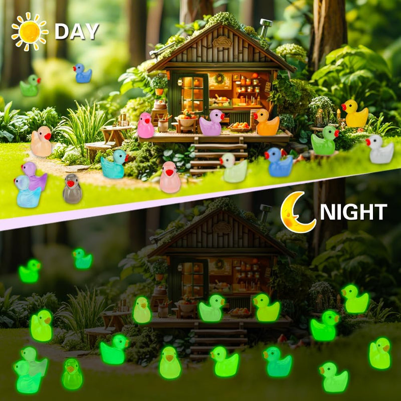 JYXT 250 Pcs Mini Resin Ducks Glow in The Dark, Tiny Animals Figures to Hide Luminous Miniature Plastic Duck for Fish Tank Aquarium Fairy Garden Dollhouse Micro Landscape Birthday Parties Decor