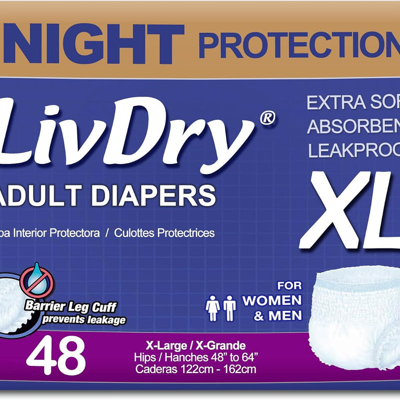 LivDry 2XL Overnight Adult Diapers for Women and Men, XXL Incontinence Underwear, 60”-80" Waist, Disposable Pull-On Briefs, XX-Large, 12 Pack
