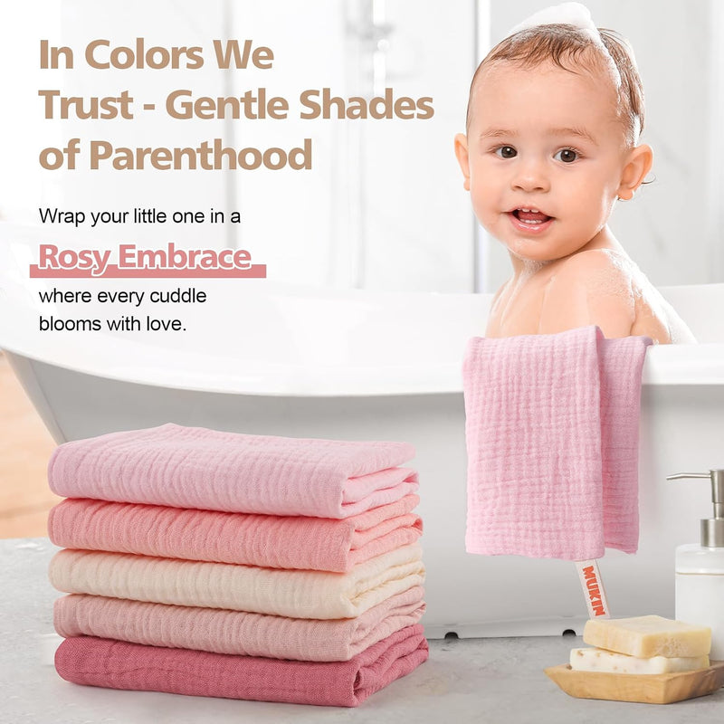 Baby Washcloths,Muslin Burp Cloths Towels for Newborns,Absorbent Cotton Bath Face Towel ，5 Pack, 12x12 Inches (Rosy Embrace)