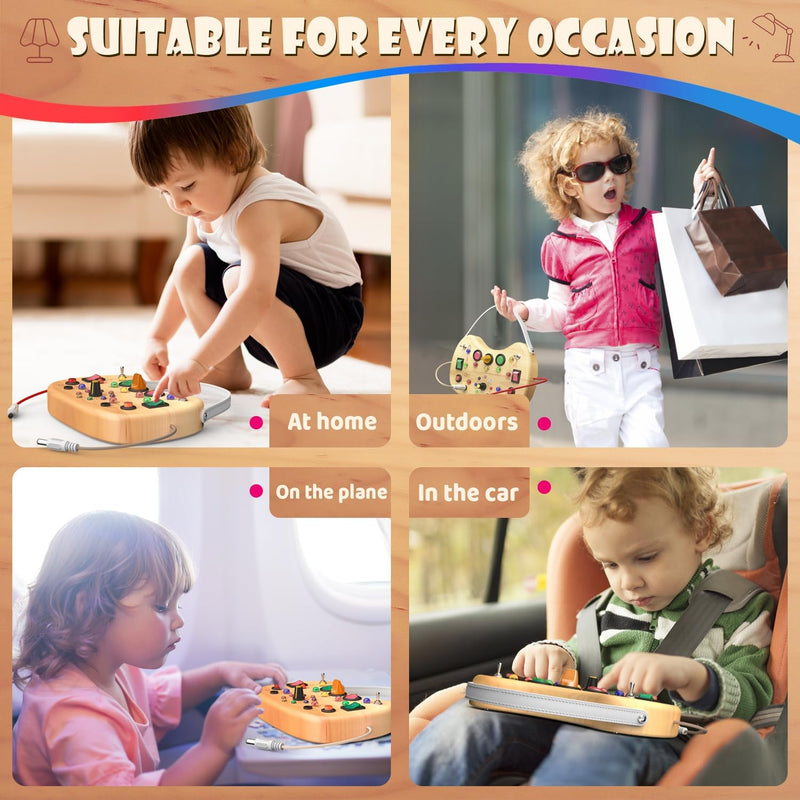 Montessori Busy Board with LED Lights & 12 Buttons, Portable Travel Toy for Toddlers 1-3 Years