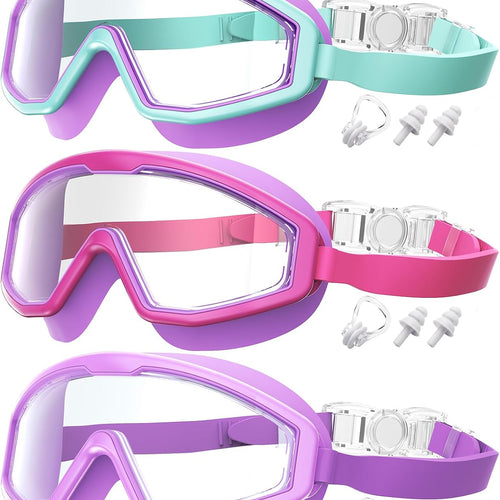 Kids Goggles Age 4-16, Anti-Fog UV 180°Clear View Kids Swim Goggles, 3 Pack Swimming Goggles Waterproof Pool Goggles