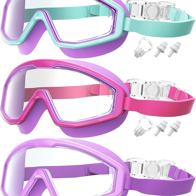 Kids Goggles Age 4-16, Anti-Fog UV 180°Clear View Kids Swim Goggles, 3 Pack Swimming Goggles Waterproof Pool Goggles