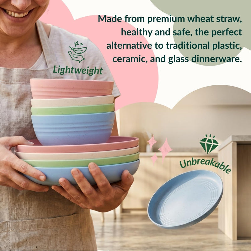 Wheat Straw Dinnerware Sets 20 PCS Cups and Plates Sets for Kitchen Microwave and Dishwasher Safe Plate Set Unbreakable Camping Dish Set Kids Plates and Bowls Sets for Picnic, RV (Multilight)