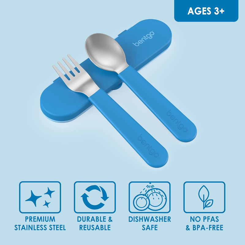 Bentgo Kids Stainless Steel Utensil Set - Reusable Fork, Spoon & Storage Case, PFAS- & BPA-Free, Easy-Grip Handles, Lightweight, Dishwasher Safe, School Lunch, Travel & Outdoors (Blue)
