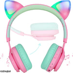 Riwbox CT-7 Cat Ear Kids Bluetooth Headphones, LED Light Up Bluetooth Wireless Over Ear Headphones with Microphone and Volume Control for Travel/School/Smartphones/Laptop/PC/TV (Pink&Green)