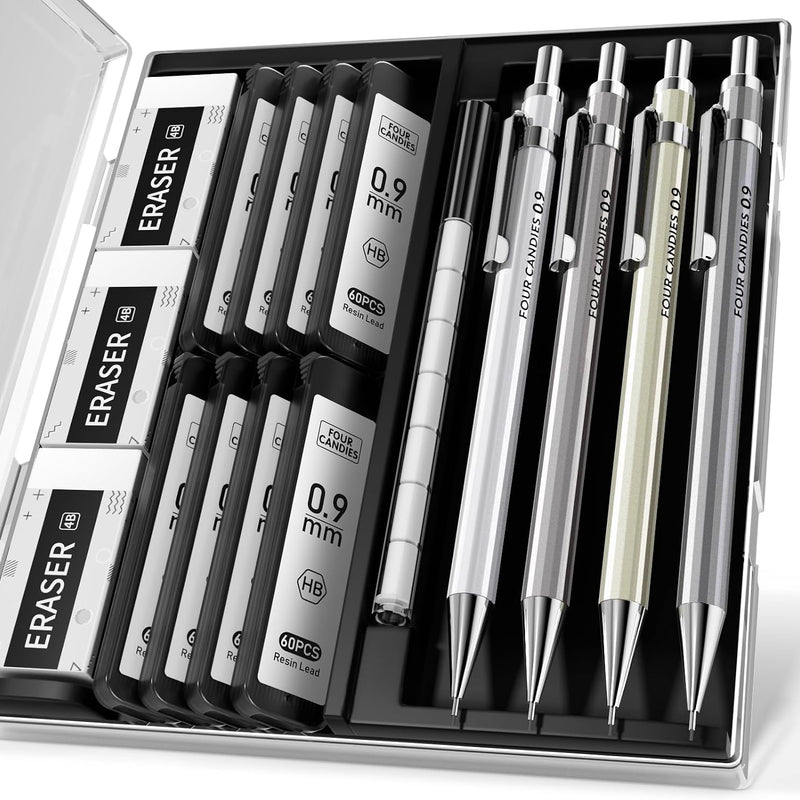Four Candies 4PCS Metal Mechanical Pencil Set with 0.7mm Medium Point, 480 Leads, 12 Erasers, Fancy Mechanical Pencils Pack with Case for School Writing, Art Drawing & Drafting