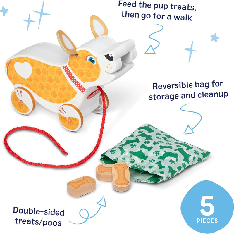 Melissa & Doug Feed, Walk & Poo Pup Wooden Preschool Pull Toy Play Set Ages 3+ - FSC Certified
