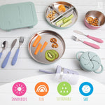 Elk and Friends Kids Stainless Steel Divided Plates with Silicone Suction Sleeves | Lids Included | Suitable for Babies/Toddlers | Dishwasher Safe | Stay Put Dinnerware | Snack Dishes | 4 Pack