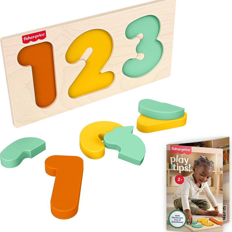 Fisher-Price Wood Montessori Toy 1-2-3 Puzzle, American Montessori Society Seal of Excellence, 6-Piece Wooden Learning Activity & Expert Play Tips for Toddlers & Kids Ages 2+ Years (Amazon Exclusive)