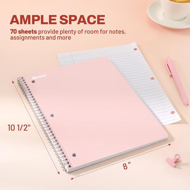 SUNEE Spiral Notebooks, 1-Subject, 5 Pack, College Ruled Paper, 8" x 10-1/2", 70 Sheets per Notebook,3-Hole Punched Paper, Pink,Purple, Blue, Green, Yellow Spiral Lined Notebooks for School,Work
