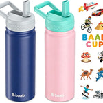 baab 18oz Kids Insulated Water Bottle 18/8 Stainless Steel Straw Cup 2 Pack | BPA-Free, DIY Stickers, Leakproof & Spillproof, Easy to Clean & Carry, Gift for Boy Girl Youth, for School Sport Travel