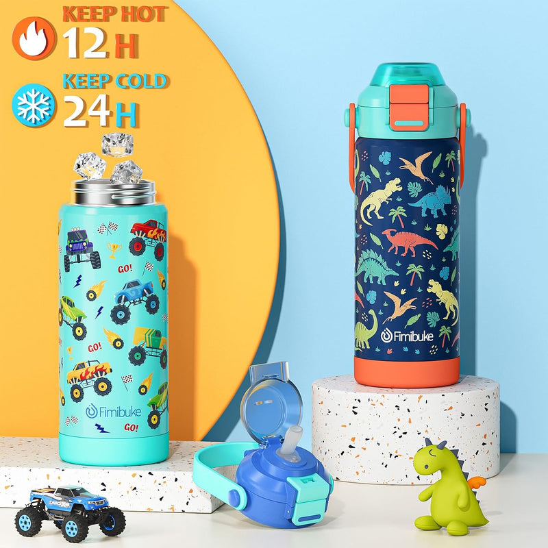 Fimibuke 18oz Kids Insulated Water Bottle with 2-in-1 Straw & Spout Lid | Leak Proof 18/8 Stainless Steel Vacuum Tumbler with Pop-Open Lid, BPA-Free Kids Cup for Travel School Girl Boy Toddler 2 Pack