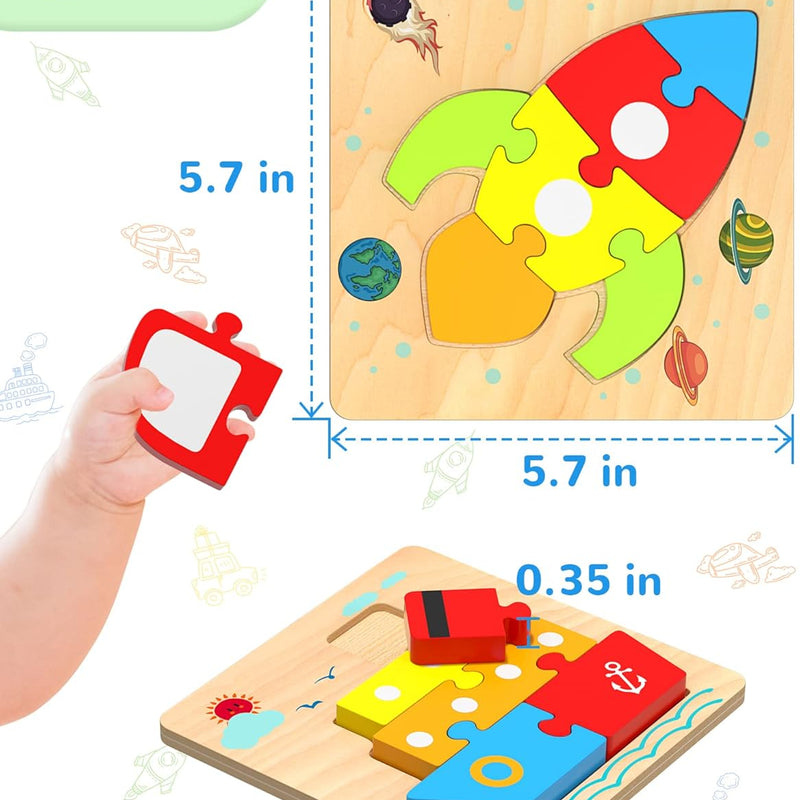 Yetonamr wooden toddler puzzles, 6 vehicle shape montessori toys for 1-3 year old boys and girls, high-quality and safe