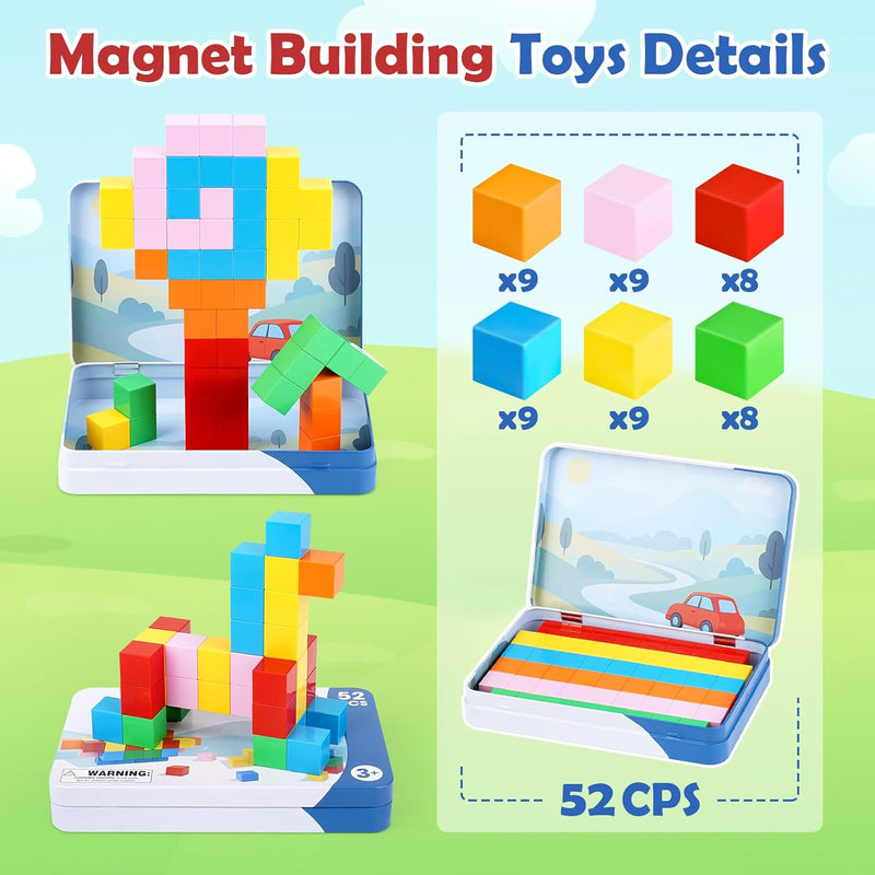 52 PCS Magnetic Blocks with Metal Box, 0.8in Mini Building Cubes Protable Travel Airplane Classroom Toys for Kids Ages 3+, STEM Educational Building Set for Toddlers Boys & Girls Birthday Gifts