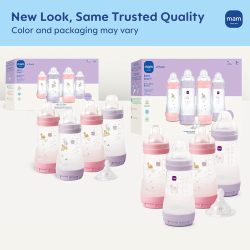 MAM 9oz Easy Start Anti-Colic+ Vented Baby Bottles, 2+ Months, 4 Pack, Girl | Medium Flow Breastfeeding-Like Nipple, Dual Anti-Colic Reduces Gas & Reflux, Easy Clean, BPA Free, 2+ Months, Made In Europe