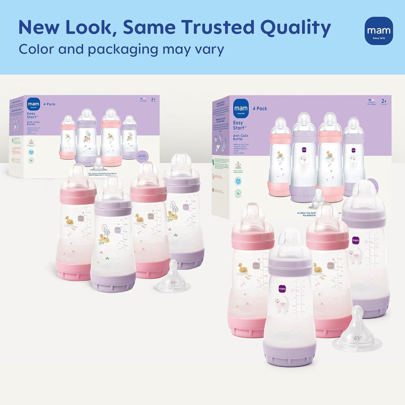 MAM 9oz Easy Start Anti-Colic+ Vented Baby Bottles, 2+ Months, 4 Pack, Girl | Medium Flow Breastfeeding-Like Nipple, Dual Anti-Colic Reduces Gas & Reflux, Easy Clean, BPA Free, 2+ Months, Made In Europe